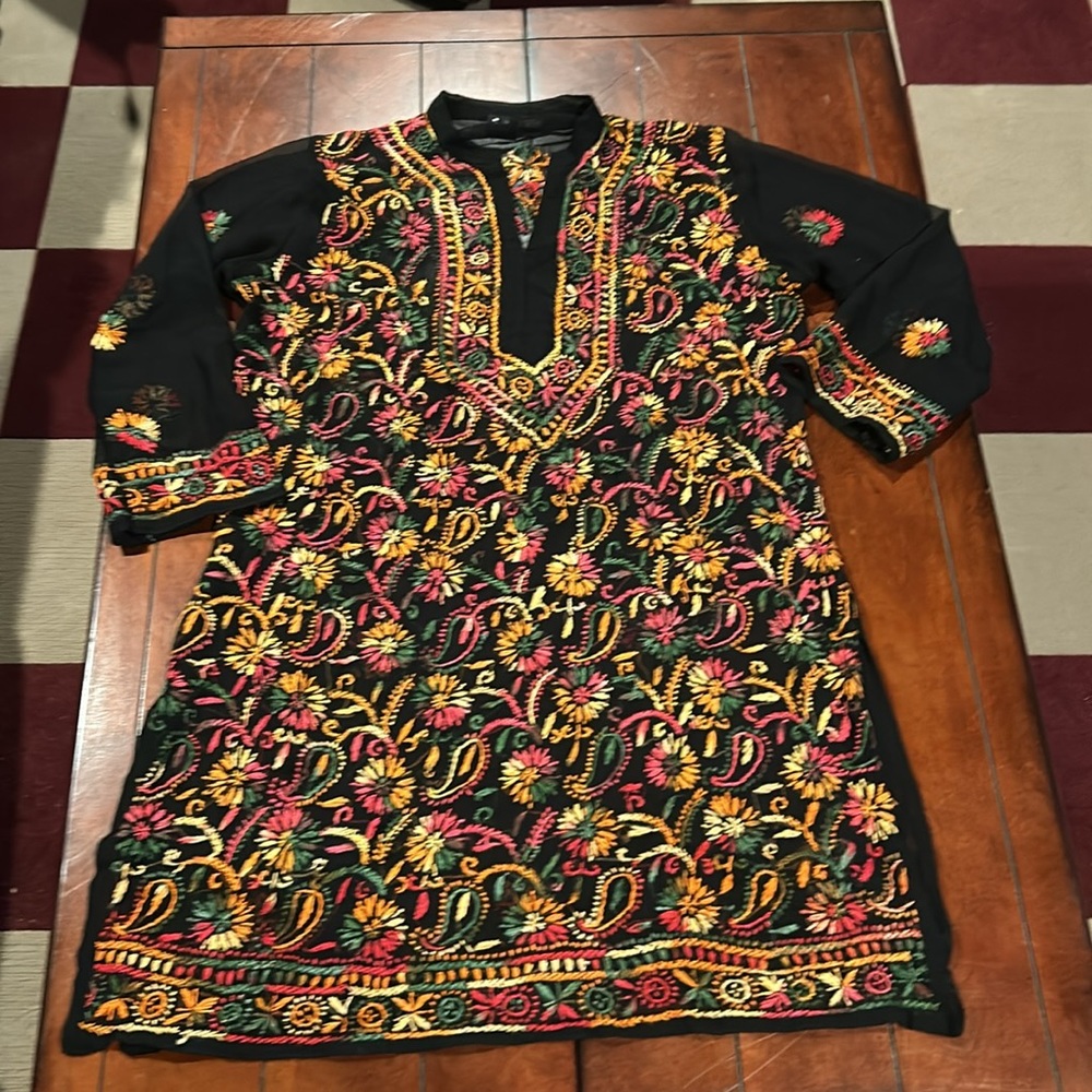 Black Sheer Embroidered Floral Tunic Cover Up Worn as dress to Bonnaroo Festival